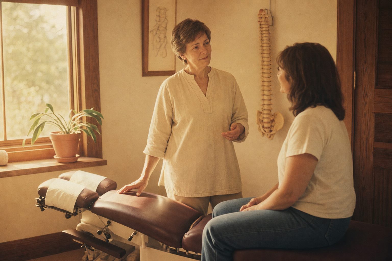 Dr. Glenda Rose talking with a patient beside the treatment table