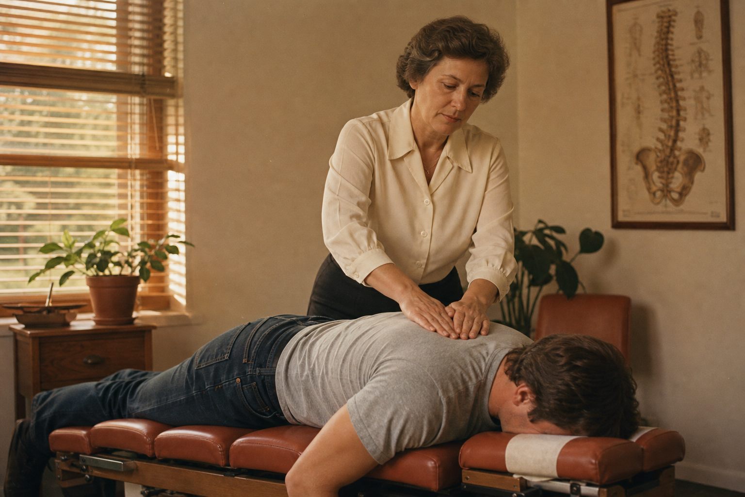 Gentle chiropractic adjustment on a padded treatment table in warm light