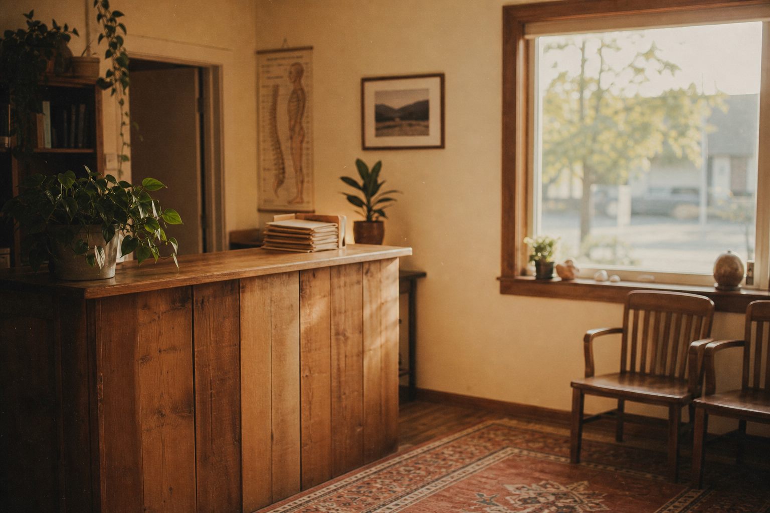 Warm front office at Rose Chiropractic with a wooden desk and afternoon light through the window